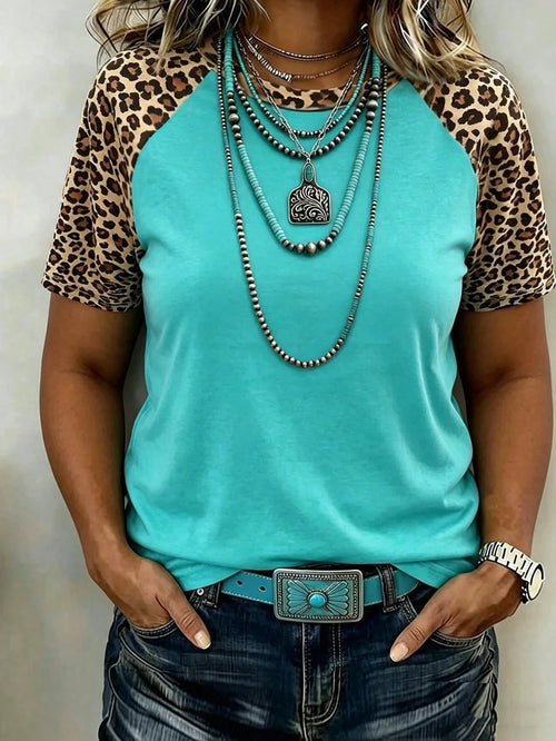 LUNE Leopard Print Digital Pattern Women's Raglan Sleeve Round Neck Short Sleeve T-Shirt, Gift For Friends