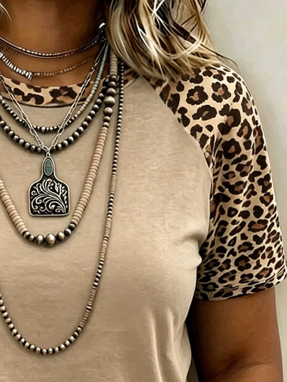 LUNE Leopard Print Digital Pattern Women's Raglan Sleeve Round Neck Short Sleeve T-Shirt, Gift For Friends