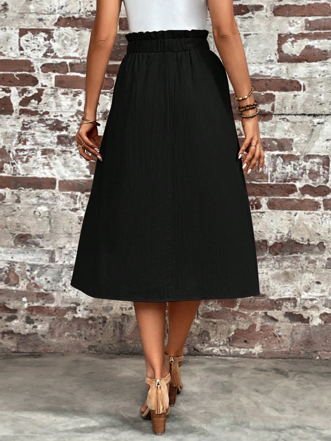 LUNE Paperbag Waist Hidden Pocket Solid Skirt,Casual