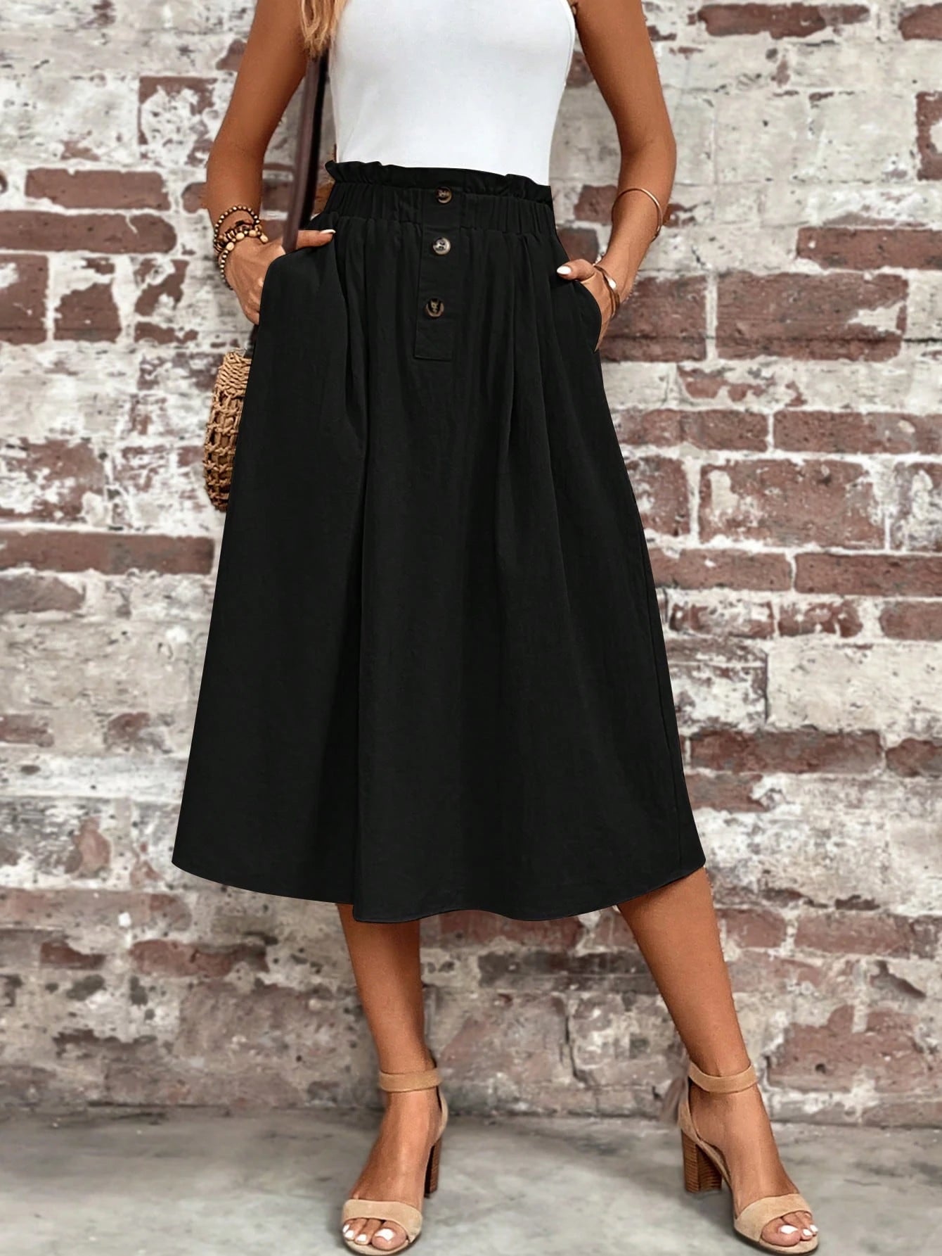 LUNE Paperbag Waist Hidden Pocket Solid Skirt,Casual