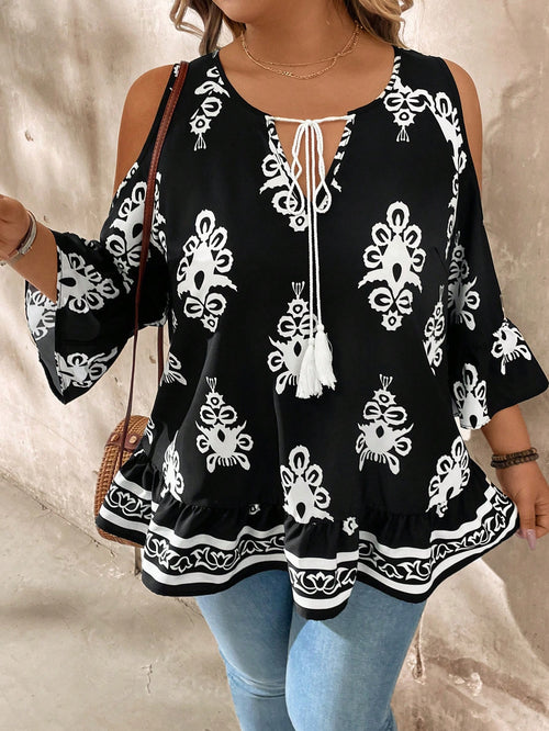 LUNE Plus Size Open Shoulder Tie-Up Tasseled Casual Vacation Shirt