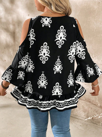 LUNE Plus Size Open Shoulder Tie-Up Tasseled Casual Vacation Shirt