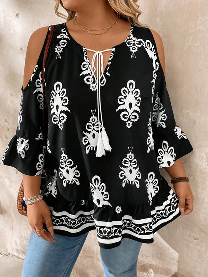 LUNE Plus Size Open Shoulder Tie-Up Tasseled Casual Vacation Shirt