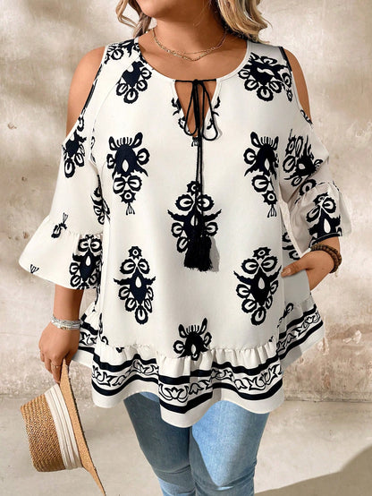 LUNE Plus Size Open Shoulder Tie-Up Tasseled Casual Vacation Shirt