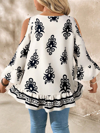 LUNE Plus Size Open Shoulder Tie-Up Tasseled Casual Vacation Shirt