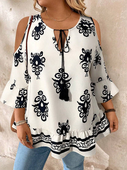 LUNE Plus Size Open Shoulder Tie-Up Tasseled Casual Vacation Shirt