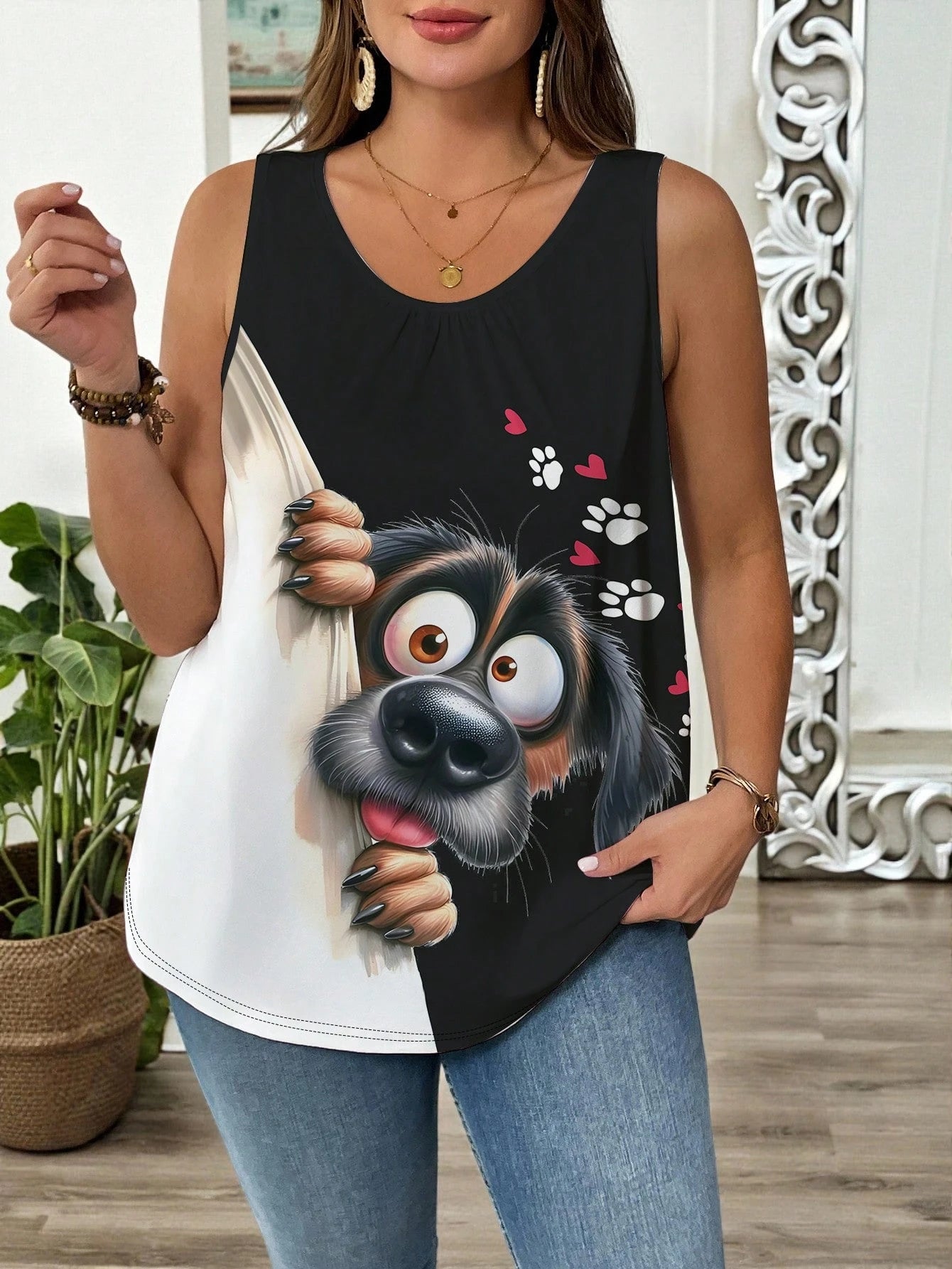 LUNE Plus Size Summer Casual Cute Dog Peekaboo Print Loose Tank Top