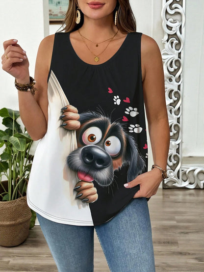 LUNE Plus Size Summer Casual Cute Dog Peekaboo Print Loose Tank Top