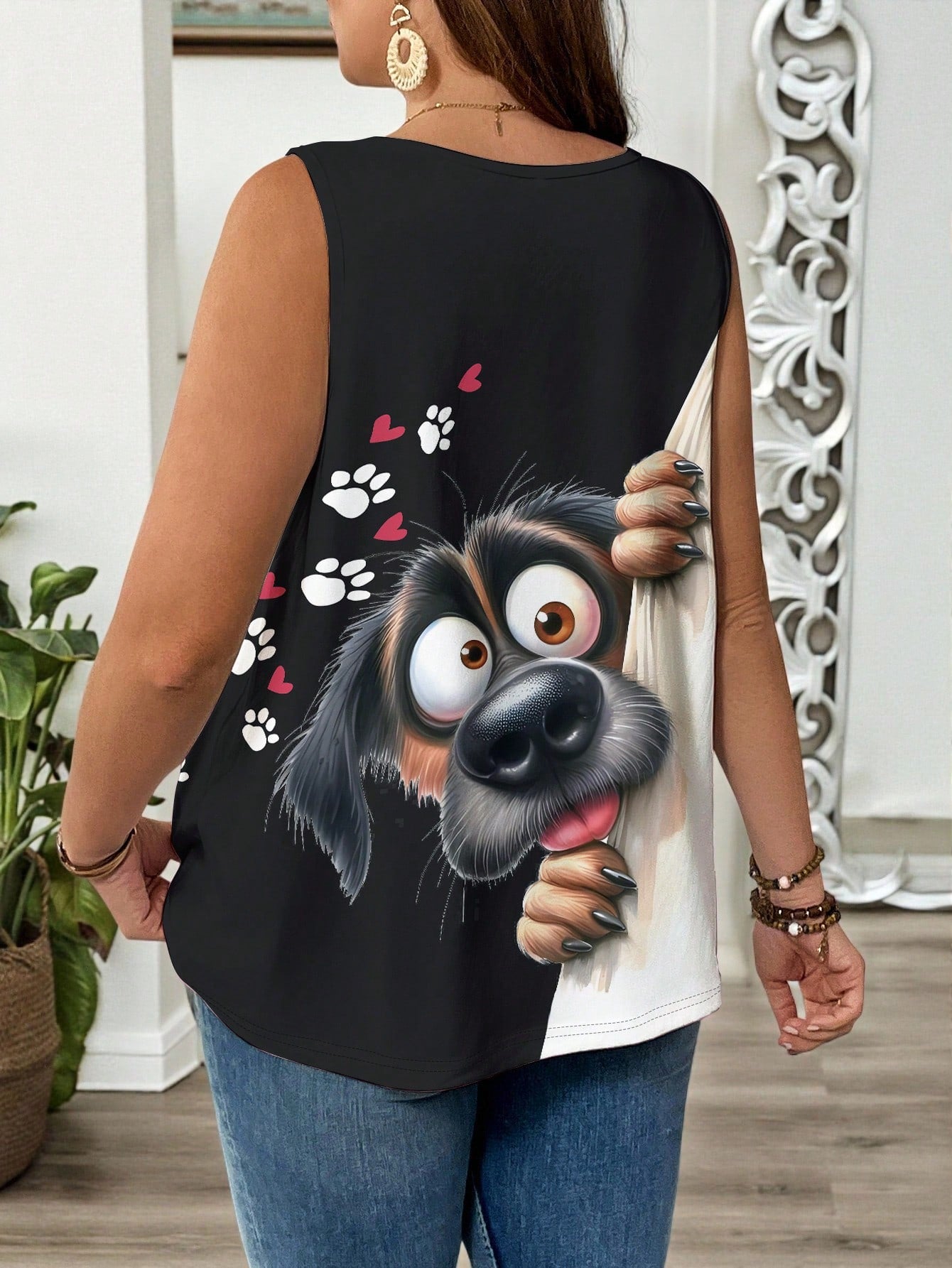 LUNE Plus Size Summer Casual Cute Dog Peekaboo Print Loose Tank Top