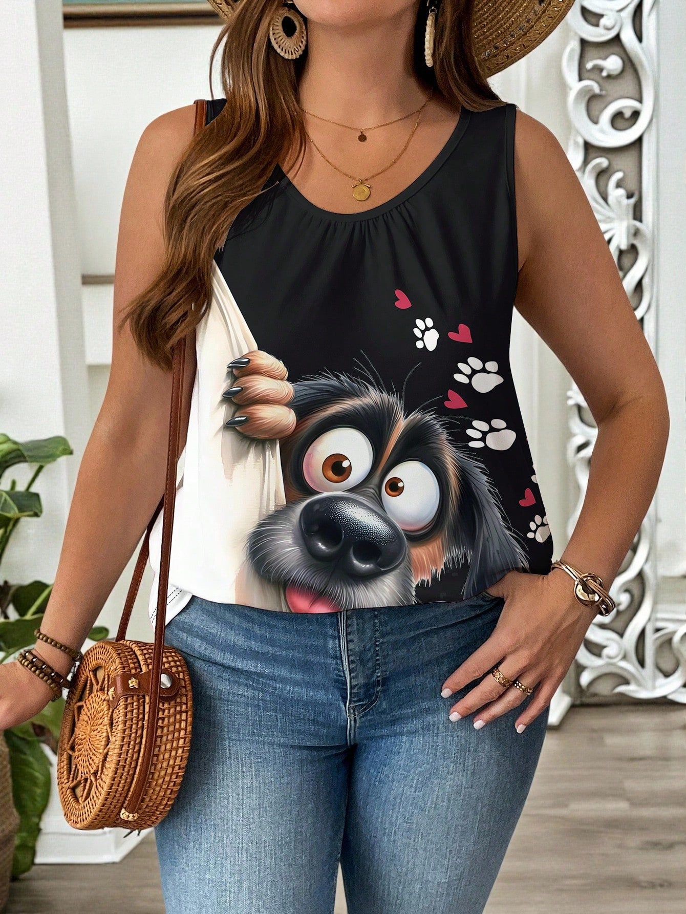 LUNE Plus Size Summer Casual Cute Dog Peekaboo Print Loose Tank Top