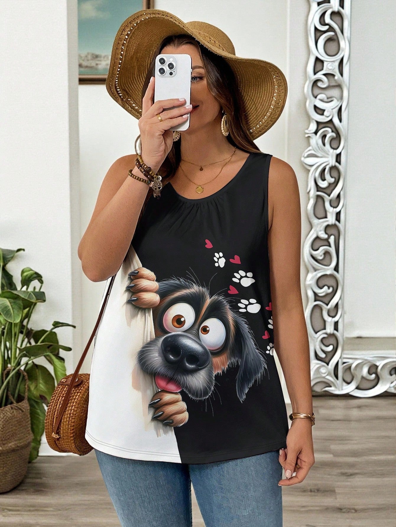 LUNE Plus Size Summer Casual Cute Dog Peekaboo Print Loose Tank Top