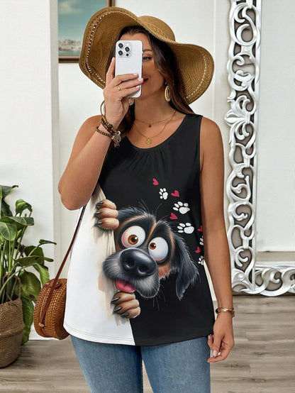 LUNE Plus Size Summer Casual Cute Dog Peekaboo Print Loose Tank Top