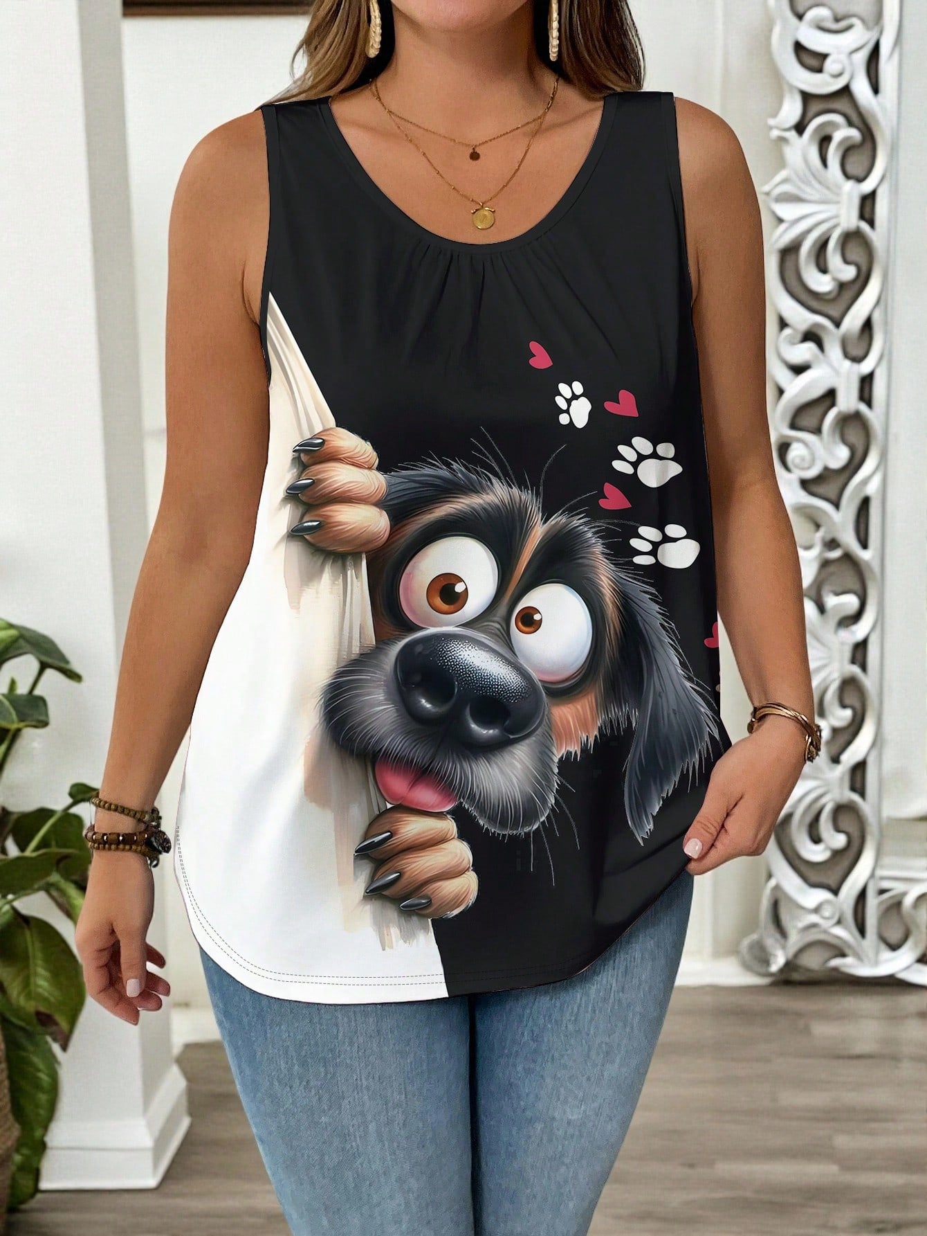 LUNE Plus Size Summer Casual Cute Dog Peekaboo Print Loose Tank Top