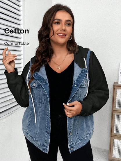 LUNE Plus Size Two Tone Denim Jacket With Hood Winter Fall Autumn
