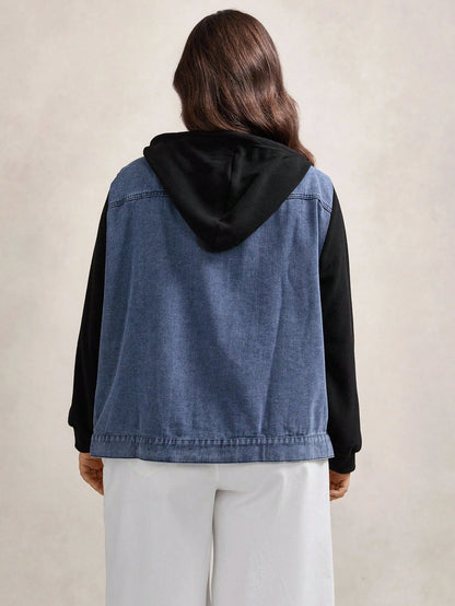 LUNE Plus Size Two Tone Denim Jacket With Hood Winter Fall Autumn