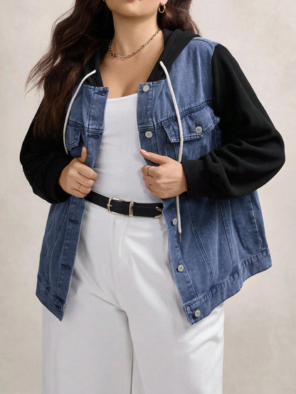 LUNE Plus Size Two Tone Denim Jacket With Hood Winter Fall Autumn