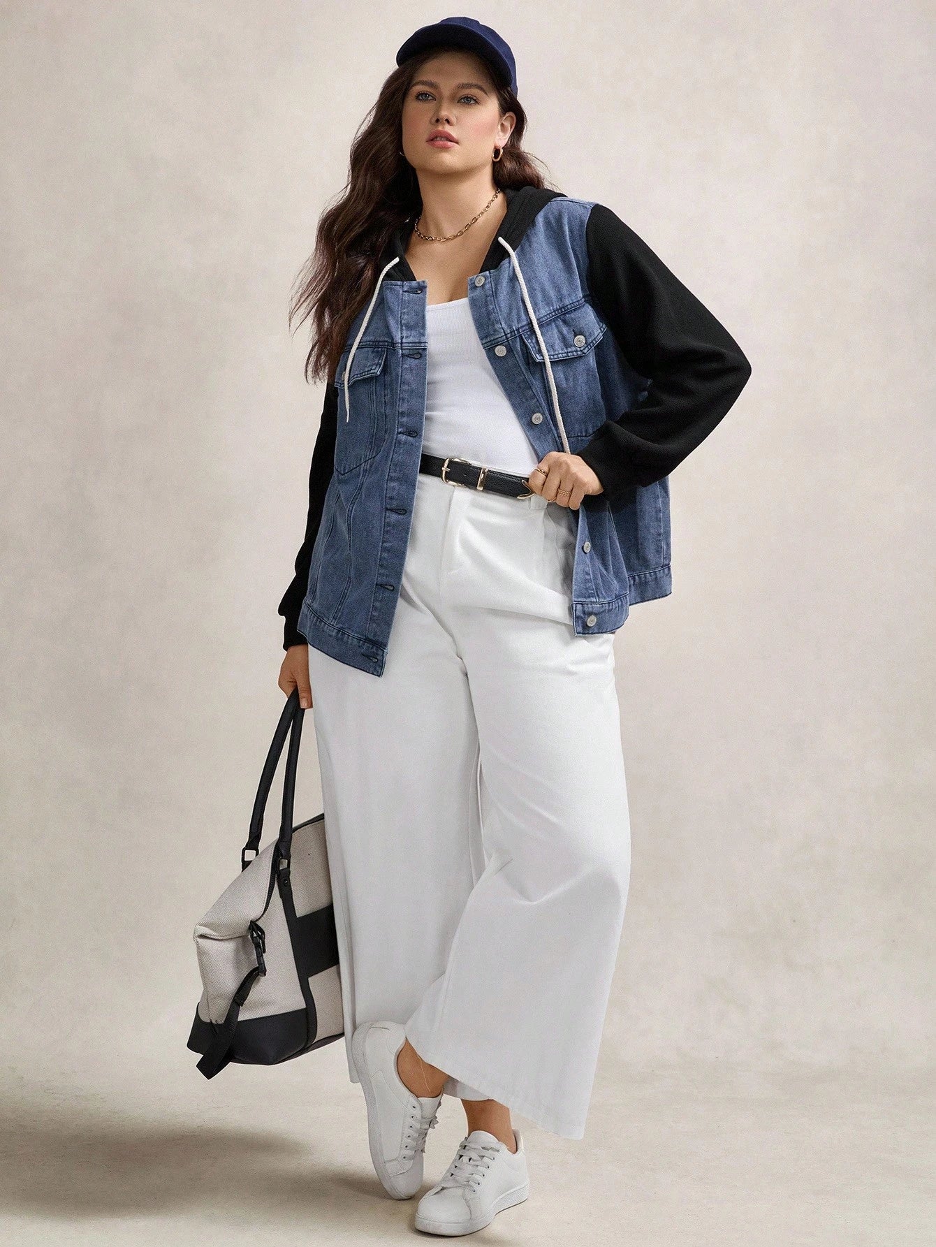 LUNE Plus Size Two Tone Denim Jacket With Hood Winter Fall Autumn