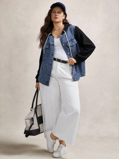 LUNE Plus Size Two Tone Denim Jacket With Hood Winter Fall Autumn