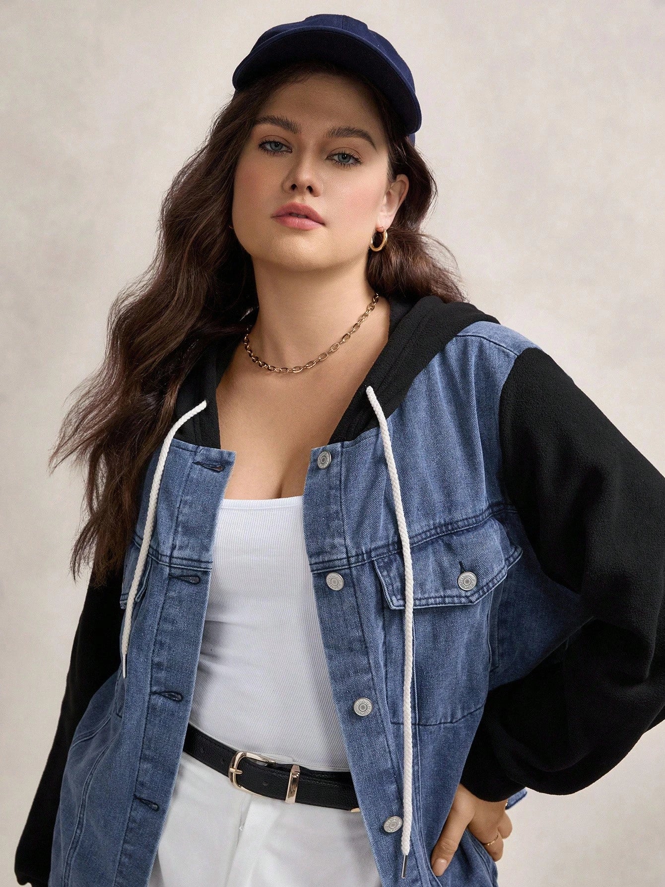 LUNE Plus Size Two Tone Denim Jacket With Hood Winter Fall Autumn