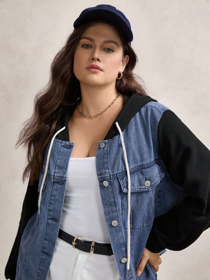 LUNE Plus Size Two Tone Denim Jacket With Hood Winter Fall Autumn