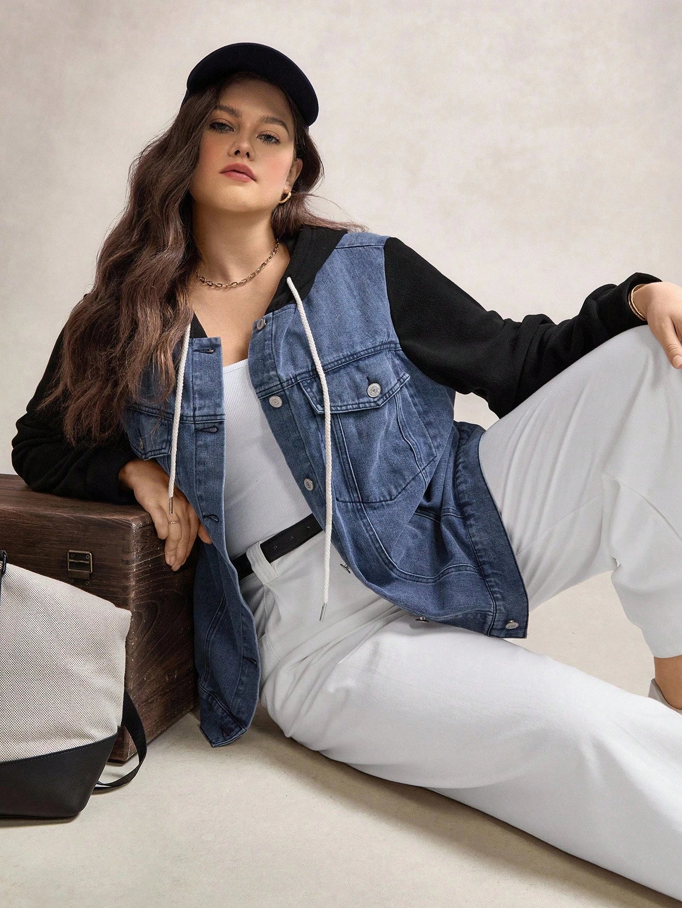 LUNE Plus Size Two Tone Denim Jacket With Hood Winter Fall Autumn