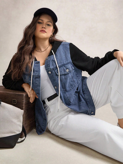 LUNE Plus Size Two Tone Denim Jacket With Hood Winter Fall Autumn
