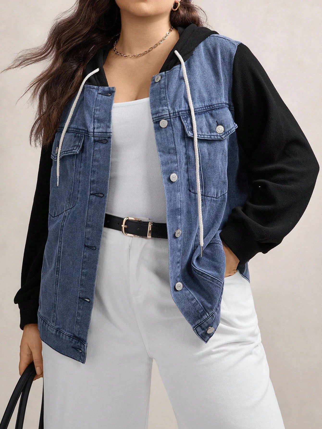 LUNE Plus Size Two Tone Denim Jacket With Hood Winter Fall Autumn