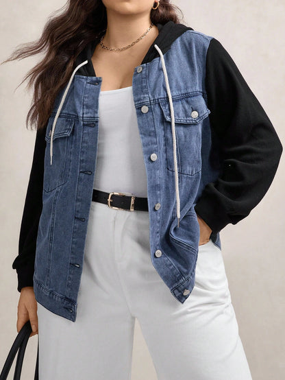LUNE Plus Size Two Tone Denim Jacket With Hood Winter Fall Autumn