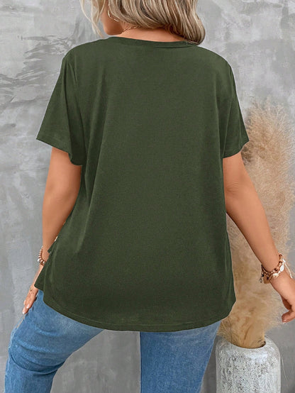 LUNE Plus Size Women's V Neck Short Sleeve Pleated T-Shirt Solid Button Detail Tee Button Detail Ruched Tee Tops