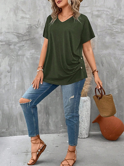 LUNE Plus Size Women's V Neck Short Sleeve Pleated T-Shirt Solid Button Detail Tee Button Detail Ruched Tee Tops