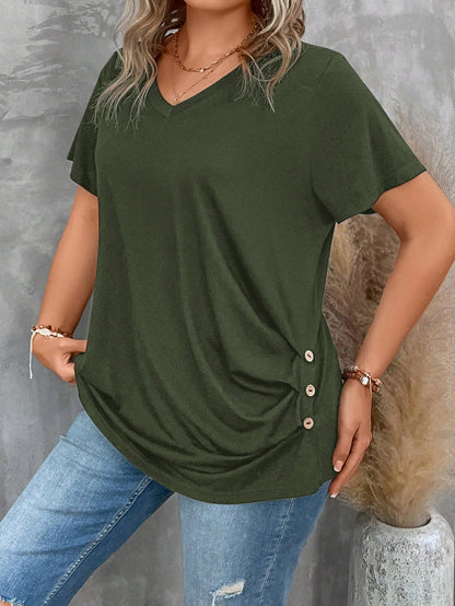 LUNE Plus Size Women's V Neck Short Sleeve Pleated T-Shirt Solid Button Detail Tee Button Detail Ruched Tee Tops