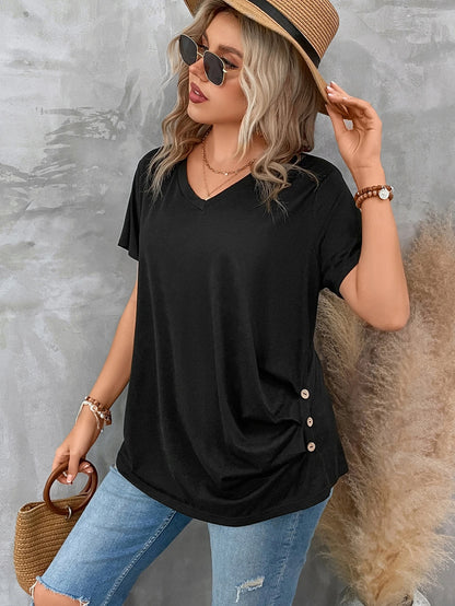 LUNE Plus Size Women's V Neck Short Sleeve Pleated T-Shirt Solid Button Detail Tee Button Detail Ruched Tee Tops