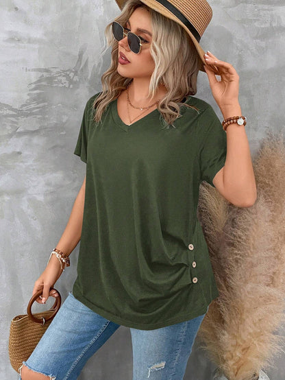 LUNE Plus Size Women's V Neck Short Sleeve Pleated T-Shirt Solid Button Detail Tee Button Detail Ruched Tee Tops
