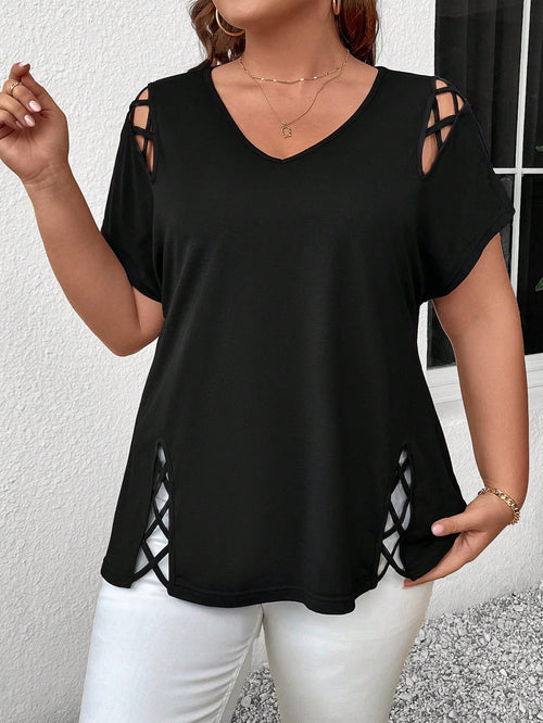 LUNE Plus Size Women V-Neck Crisscross Hollow Out Solid Short Sleeve T-Shirt, Summer