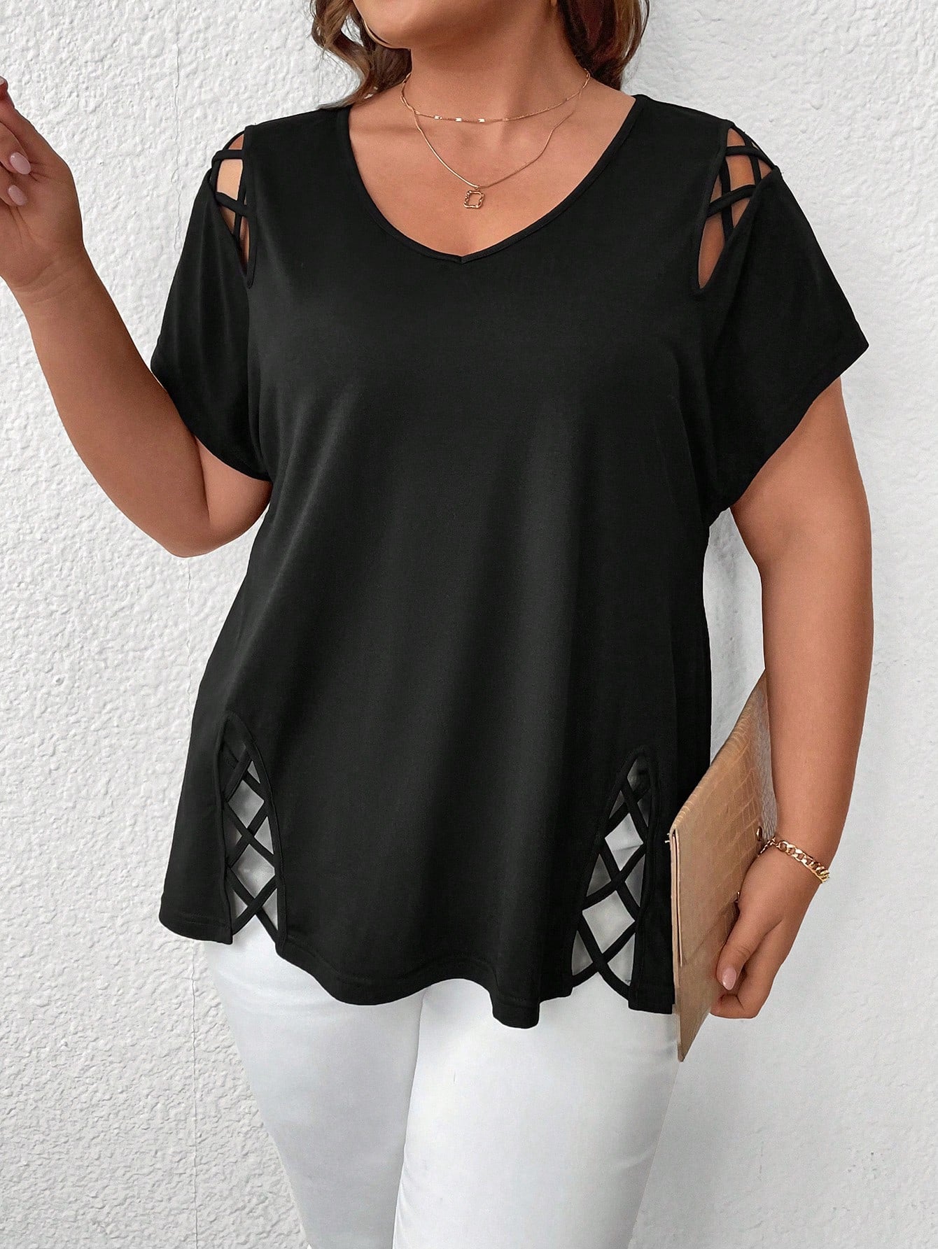 LUNE Plus Size Women V-Neck Crisscross Hollow Out Solid Short Sleeve T-Shirt, Summer