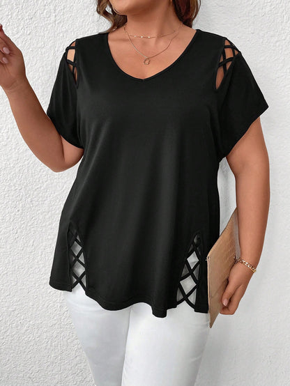 LUNE Plus Size Women V-Neck Crisscross Hollow Out Solid Short Sleeve T-Shirt, Summer
