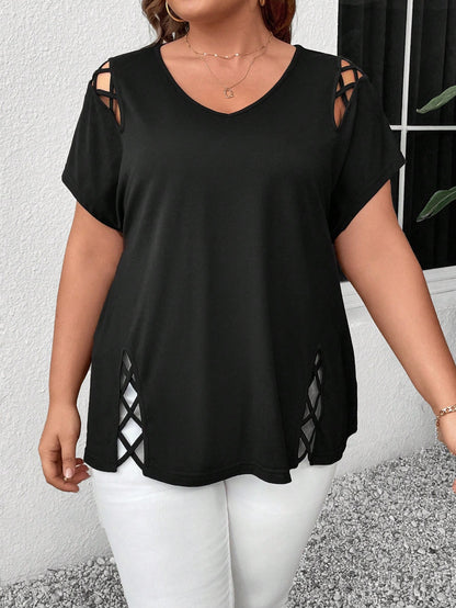 LUNE Plus Size Women V-Neck Crisscross Hollow Out Solid Short Sleeve T-Shirt, Summer
