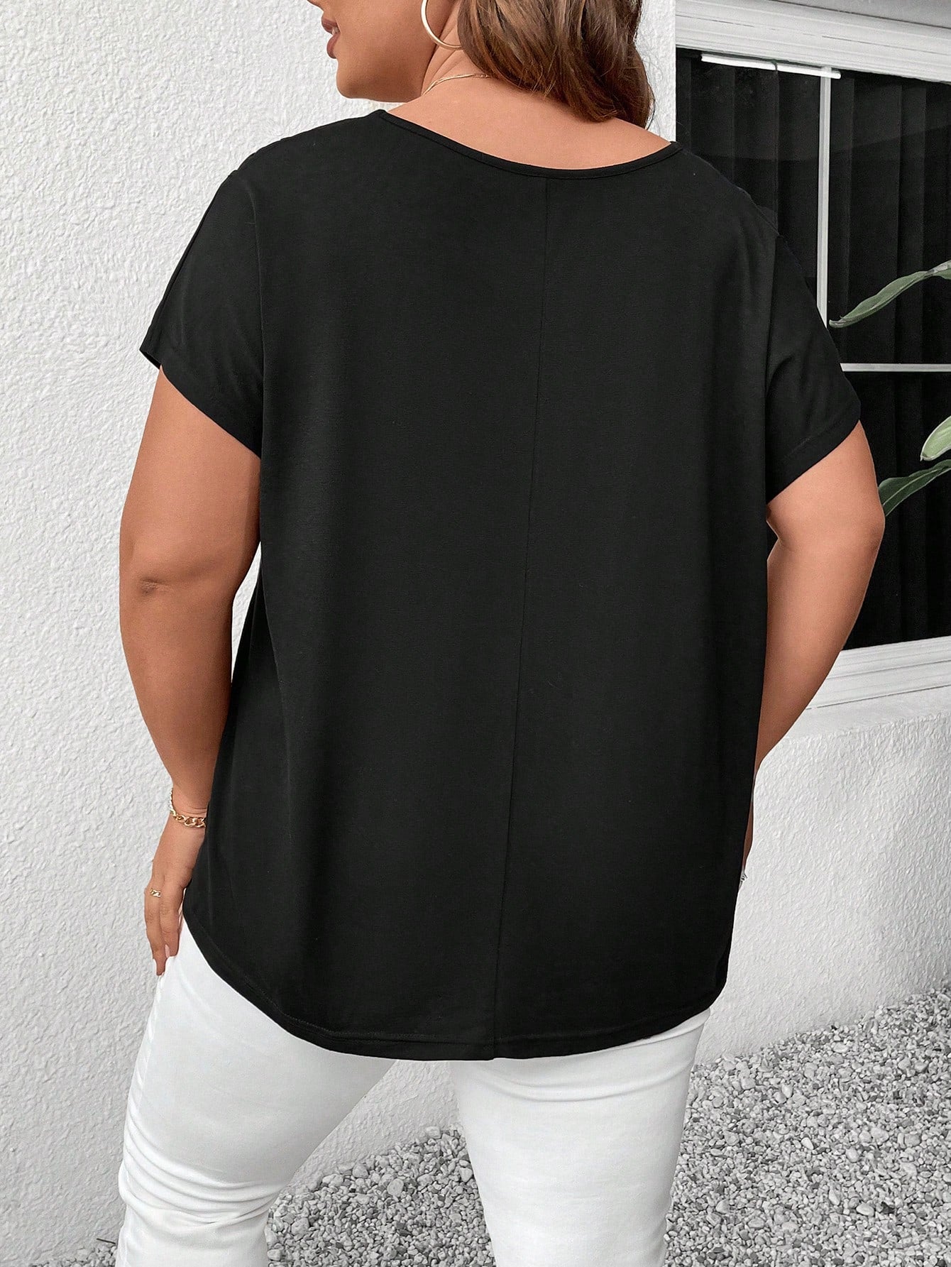 LUNE Plus Size Women V-Neck Crisscross Hollow Out Solid Short Sleeve T-Shirt, Summer