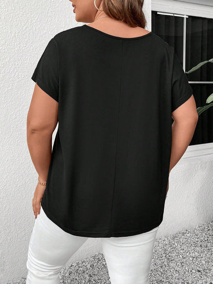 LUNE Plus Size Women V-Neck Crisscross Hollow Out Solid Short Sleeve T-Shirt, Summer