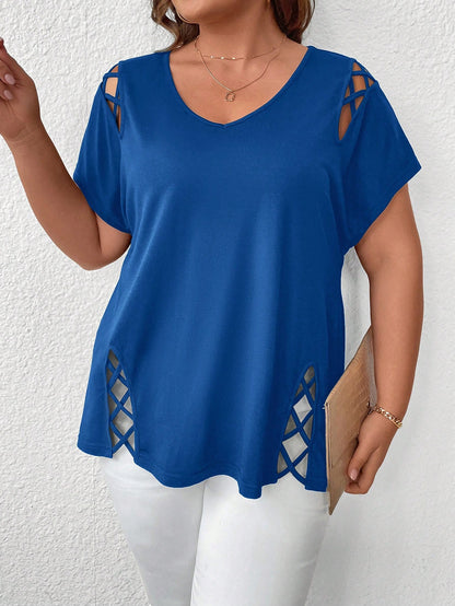 LUNE Plus Size Women V-Neck Crisscross Hollow Out Solid Short Sleeve T-Shirt, Summer