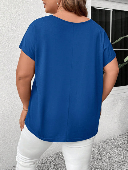 LUNE Plus Size Women V-Neck Crisscross Hollow Out Solid Short Sleeve T-Shirt, Summer