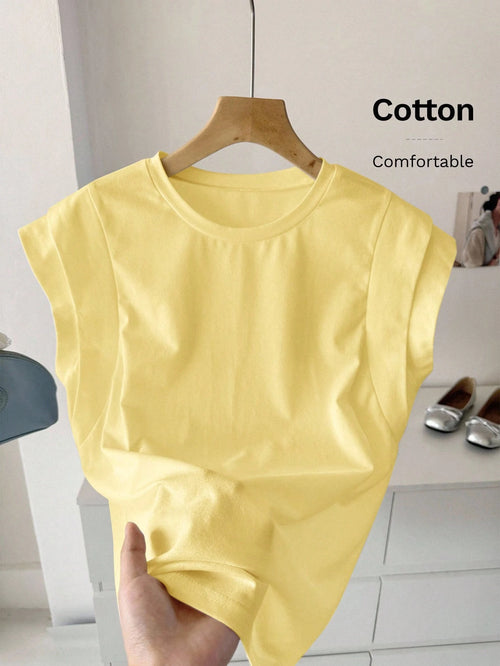 LUNE Regular Fit Yellow Short Sleeve Women T-Shirt With Batwing Style And Classic Design Cotton Top Summer Butter Solid Color