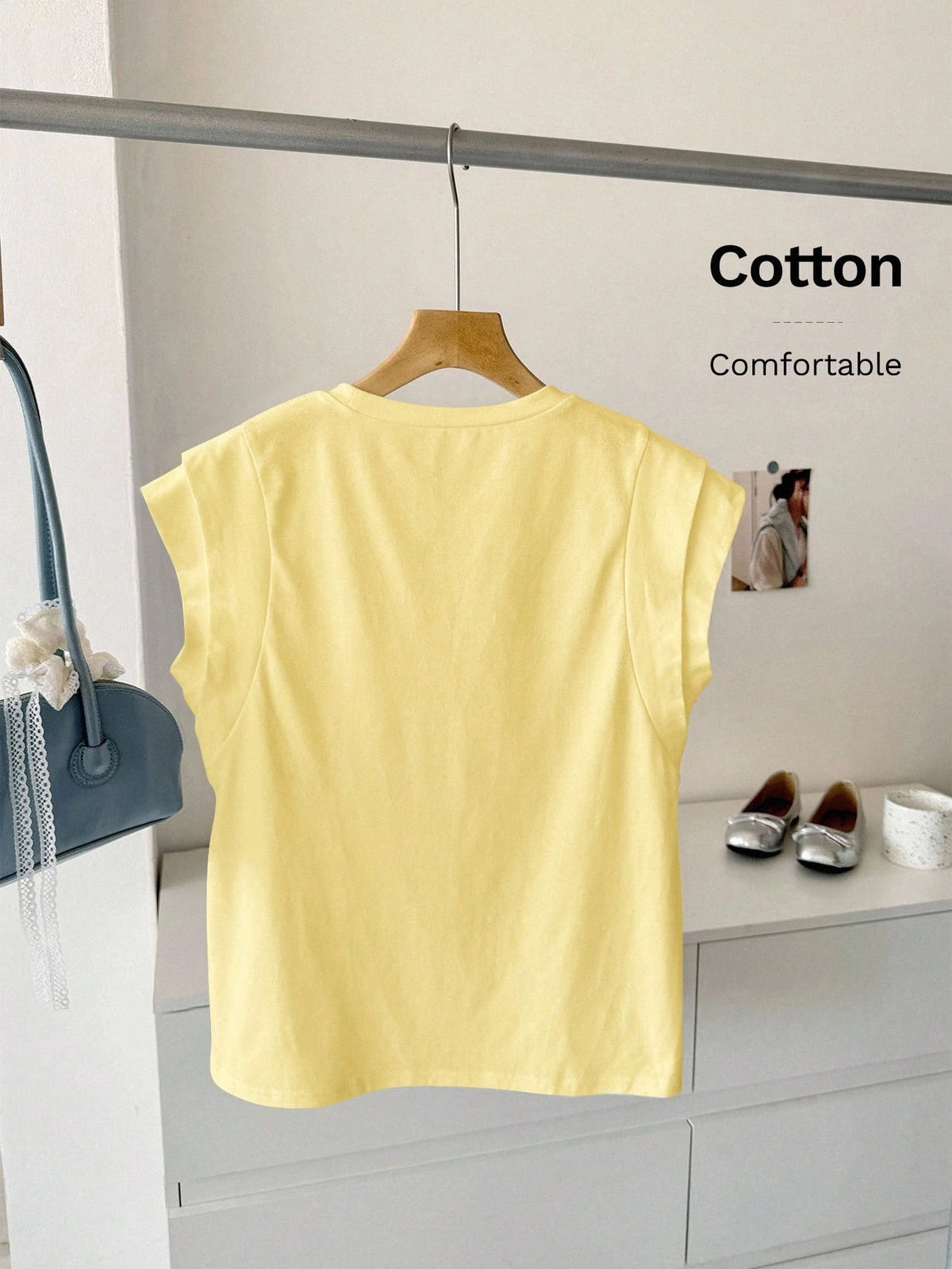 LUNE Regular Fit Yellow Short Sleeve Women T-Shirt With Batwing Style And Classic Design Cotton Top Summer Butter Solid Color