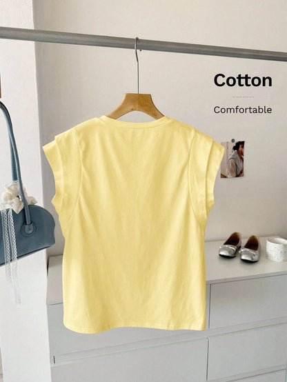 LUNE Regular Fit Yellow Short Sleeve Women T-Shirt With Batwing Style And Classic Design Cotton Top Summer Butter Solid Color