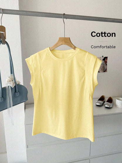 LUNE Regular Fit Yellow Short Sleeve Women T-Shirt With Batwing Style And Classic Design Cotton Top Summer Butter Solid Color