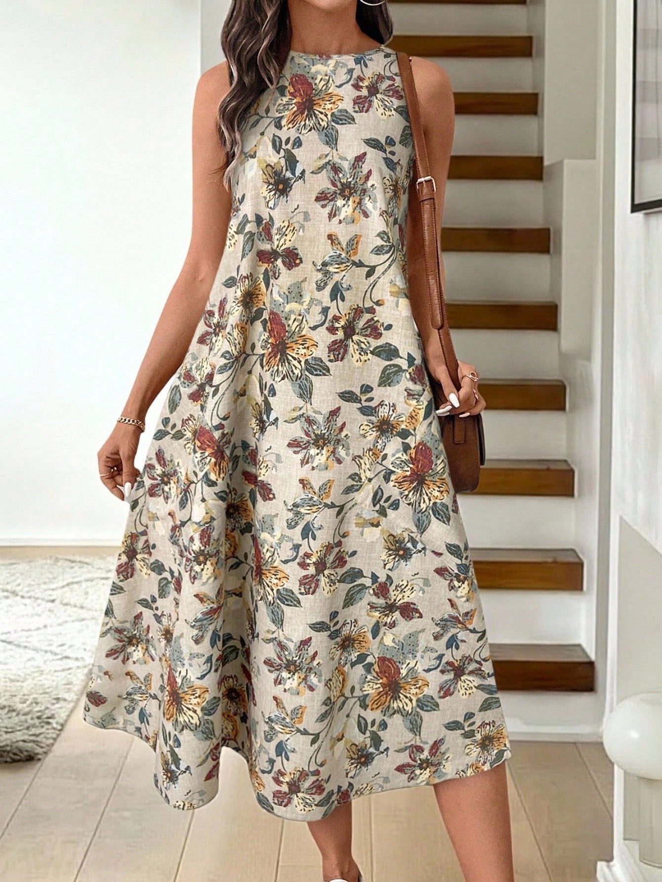 LUNE Retro Floral Print Crew Neck Sleeveless A-Line Midi Dress, Casual And Elegant,Summer Dresses
Spring Clothes