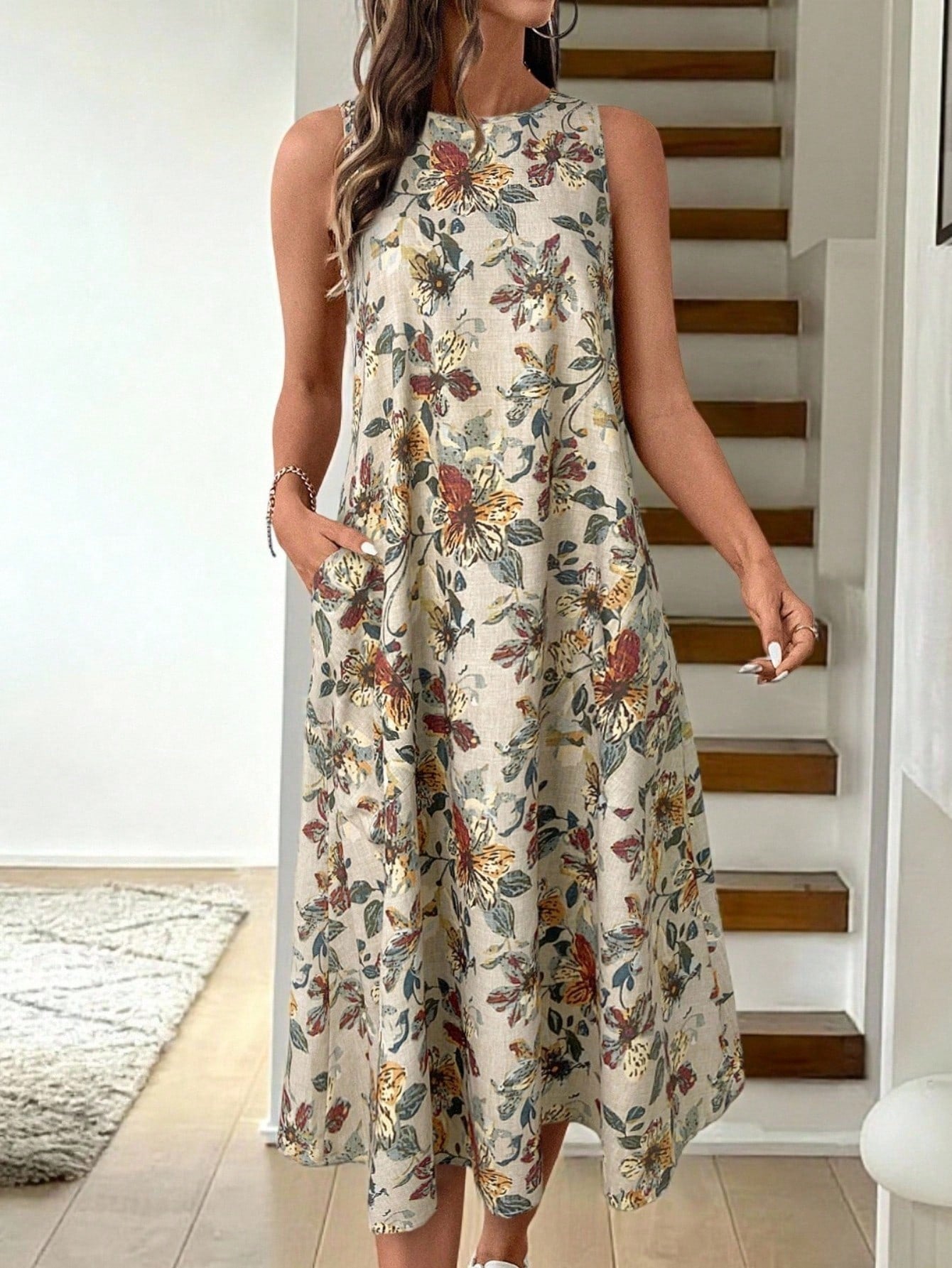 LUNE Retro Floral Print Crew Neck Sleeveless A-Line Midi Dress, Casual And Elegant,Summer Dresses
Spring Clothes