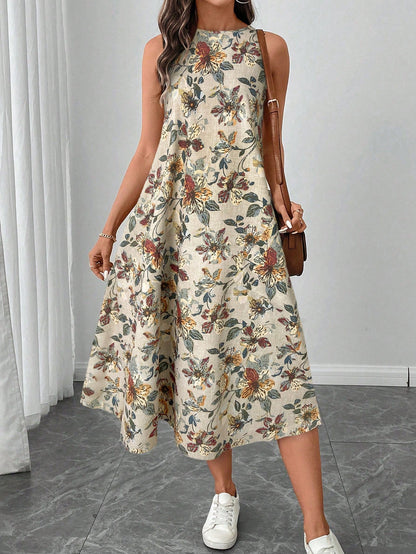 LUNE Retro Floral Print Crew Neck Sleeveless A-Line Midi Dress, Casual And Elegant,Summer Dresses
Spring Clothes