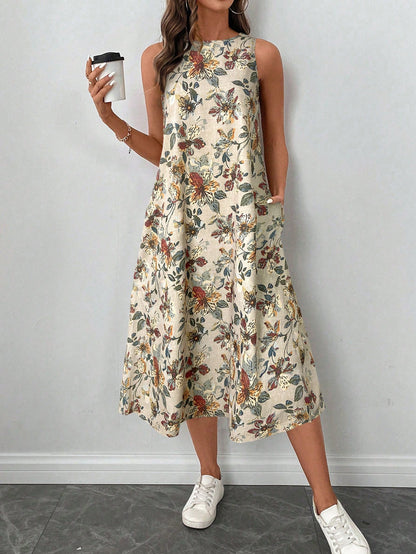 LUNE Retro Floral Print Crew Neck Sleeveless A-Line Midi Dress, Casual And Elegant,Summer Dresses
Spring Clothes