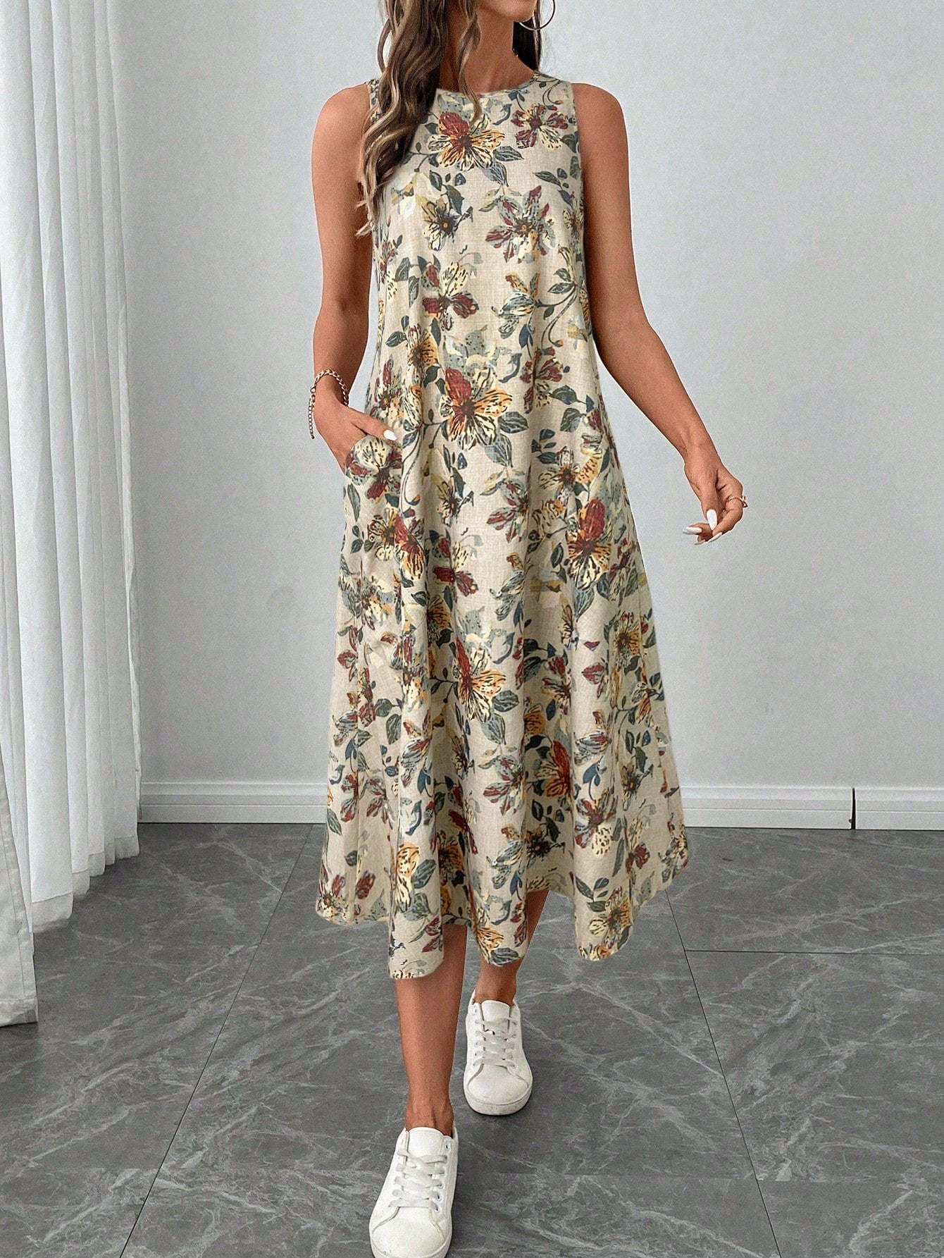LUNE Retro Floral Print Crew Neck Sleeveless A-Line Midi Dress, Casual And Elegant,Summer Dresses
Spring Clothes